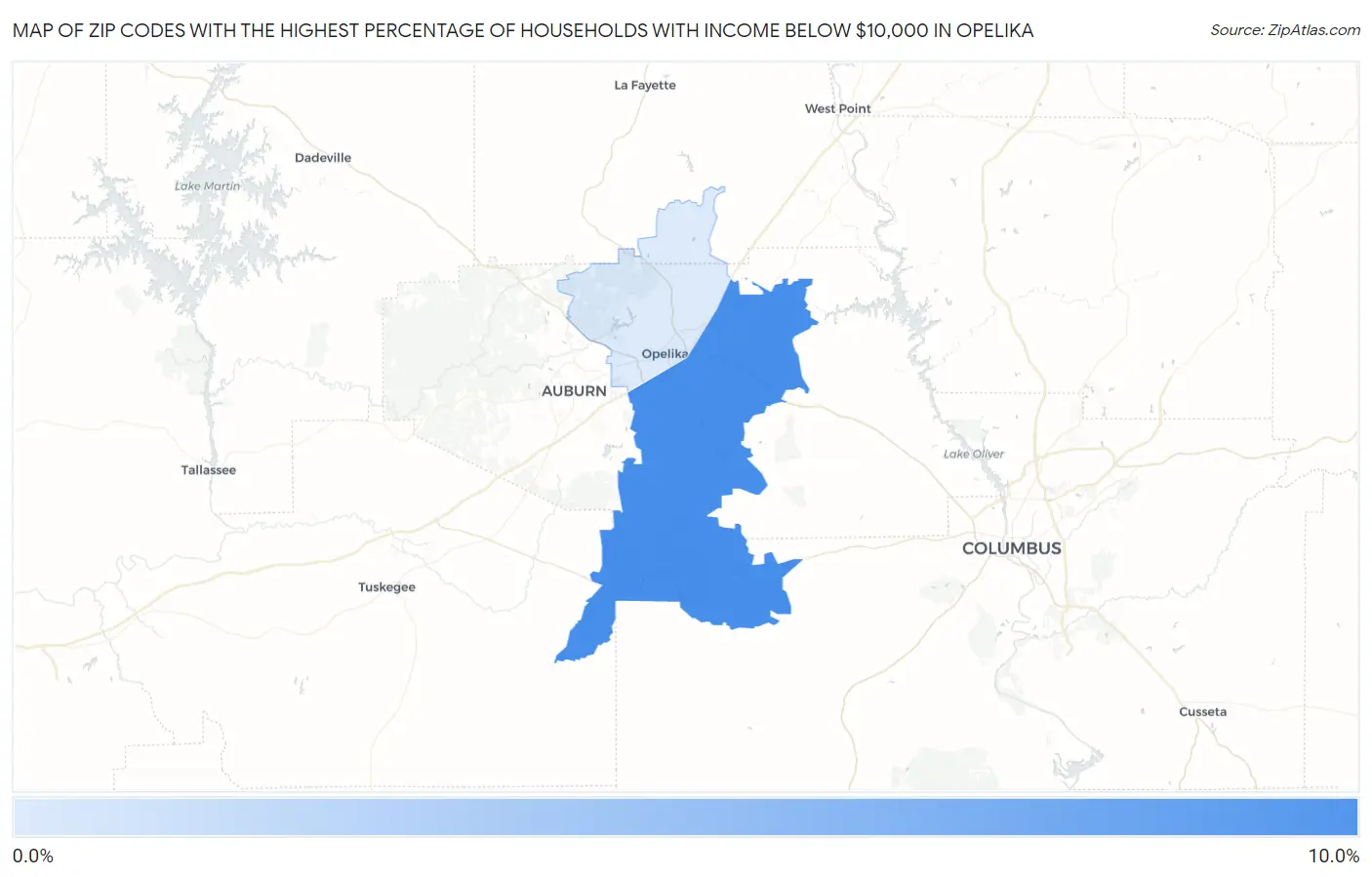 Zip Codes with the Highest Percentage of Households with Income Below $10,000 in Opelika Map