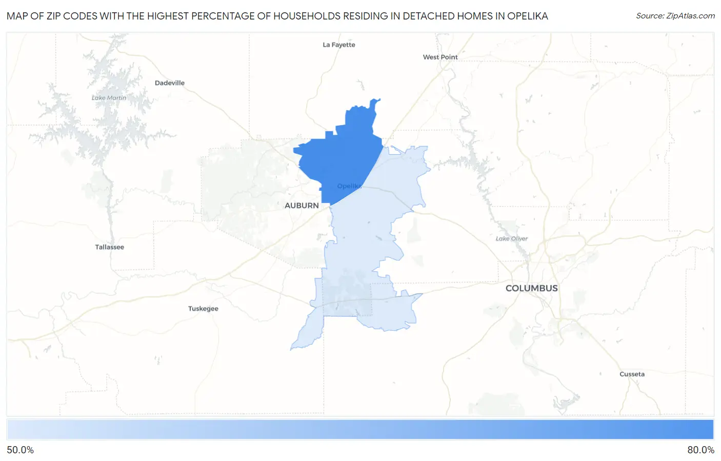 Zip Codes with the Highest Percentage of Households Residing in Detached Homes in Opelika Map