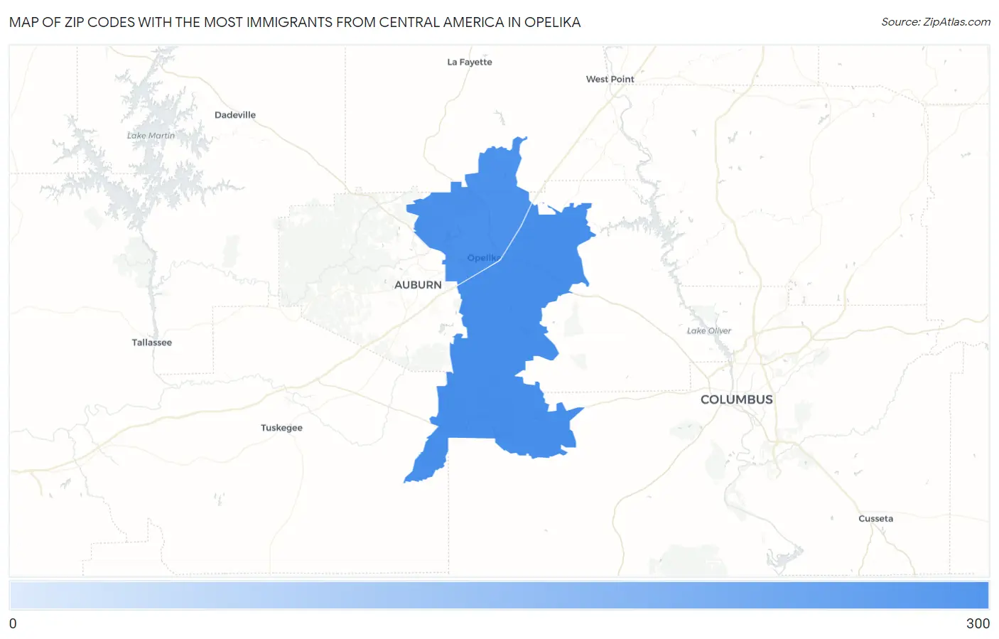 Zip Codes with the Most Immigrants from Central America in Opelika Map