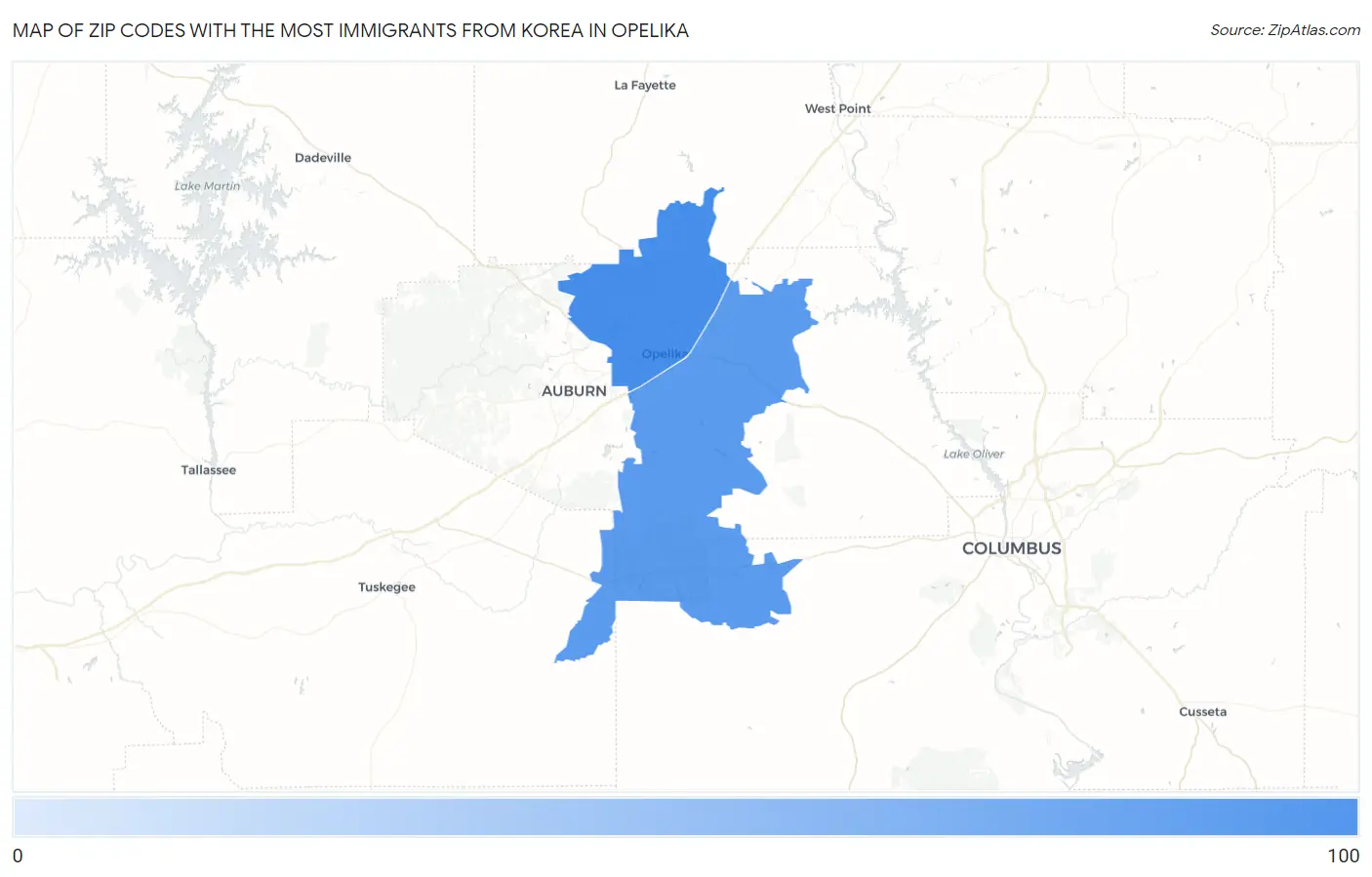 Zip Codes with the Most Immigrants from Korea in Opelika Map