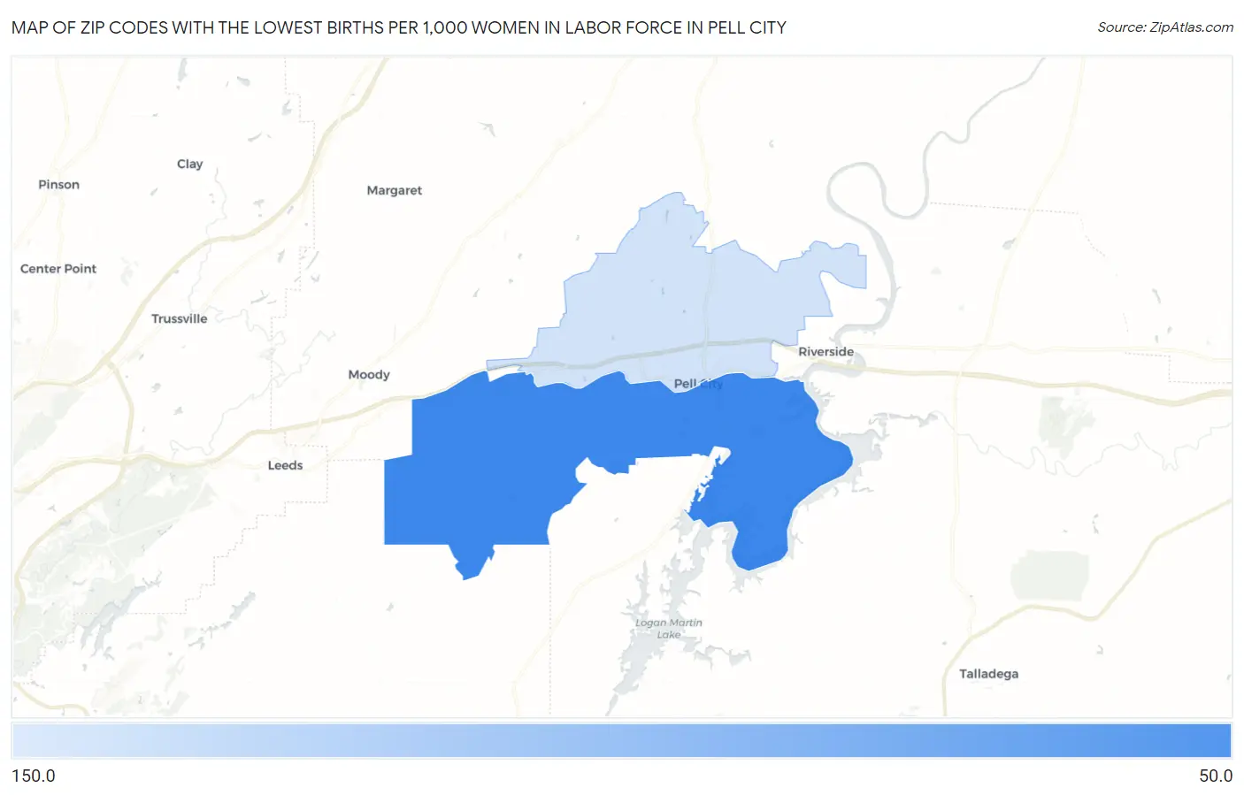 Zip Codes with the Lowest Births per 1,000 Women in Labor Force in Pell City Map