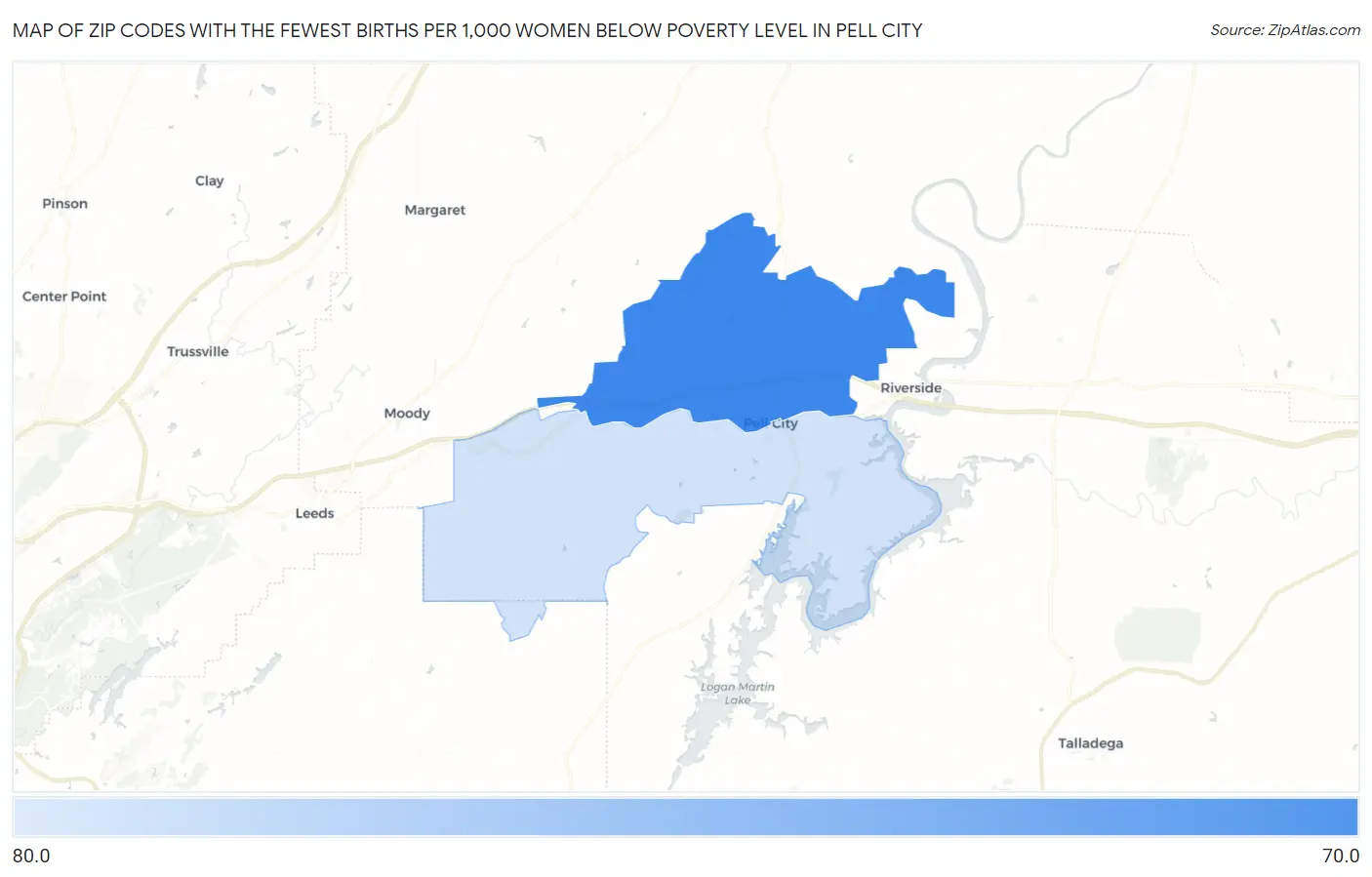 Zip Codes with the Fewest Births per 1,000 Women Below Poverty Level in Pell City Map