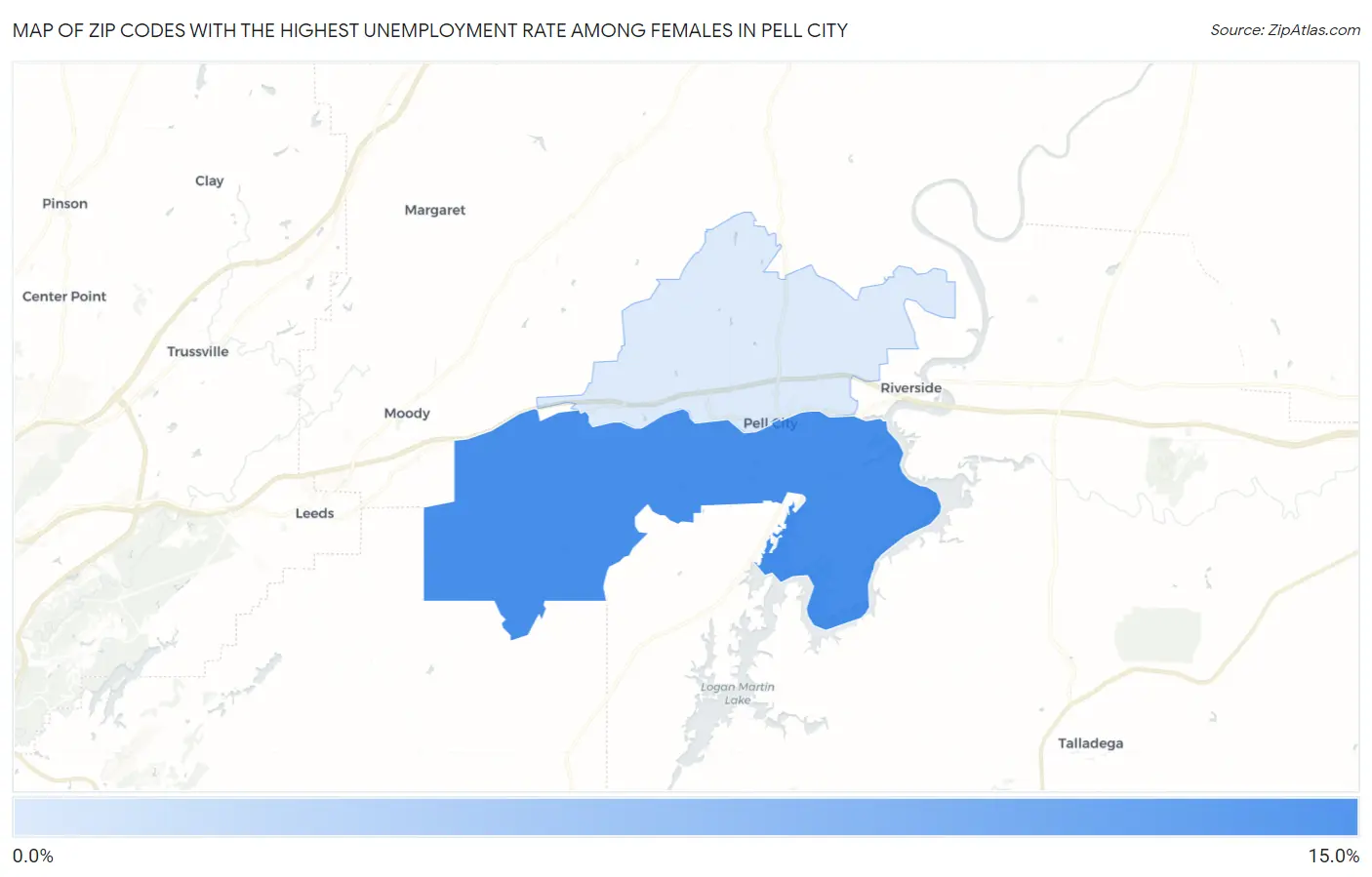 Zip Codes with the Highest Unemployment Rate Among Females in Pell City Map