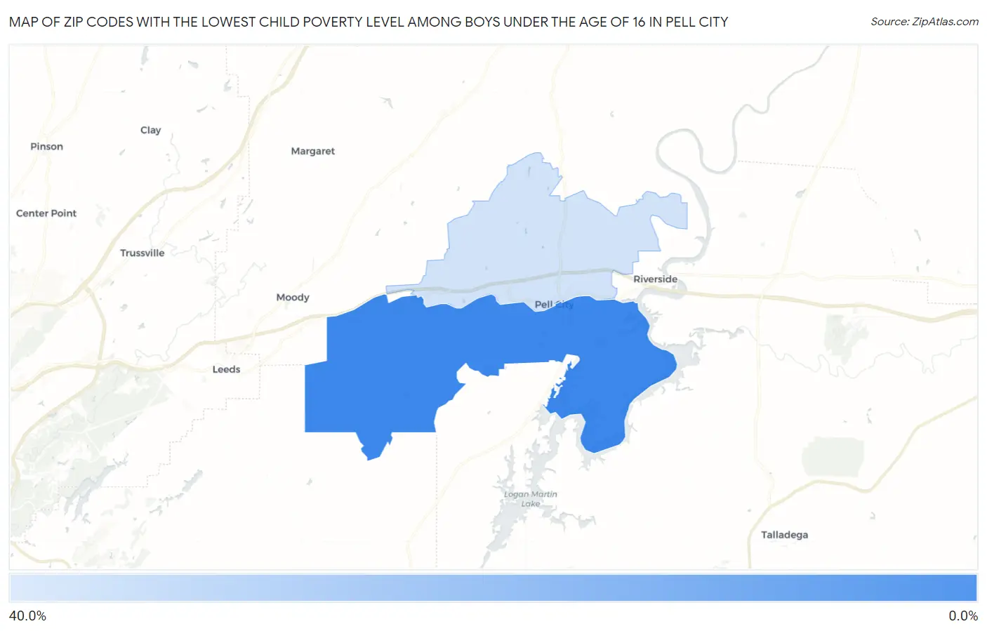 Zip Codes with the Lowest Child Poverty Level Among Boys Under the Age of 16 in Pell City Map