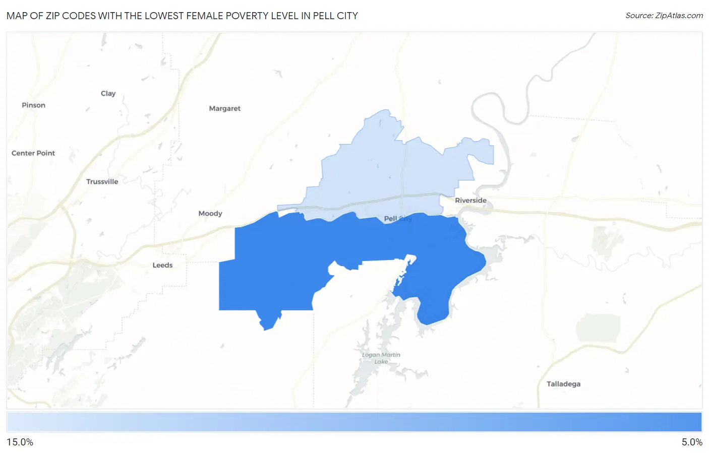 Zip Codes with the Lowest Female Poverty Level in Pell City Map
