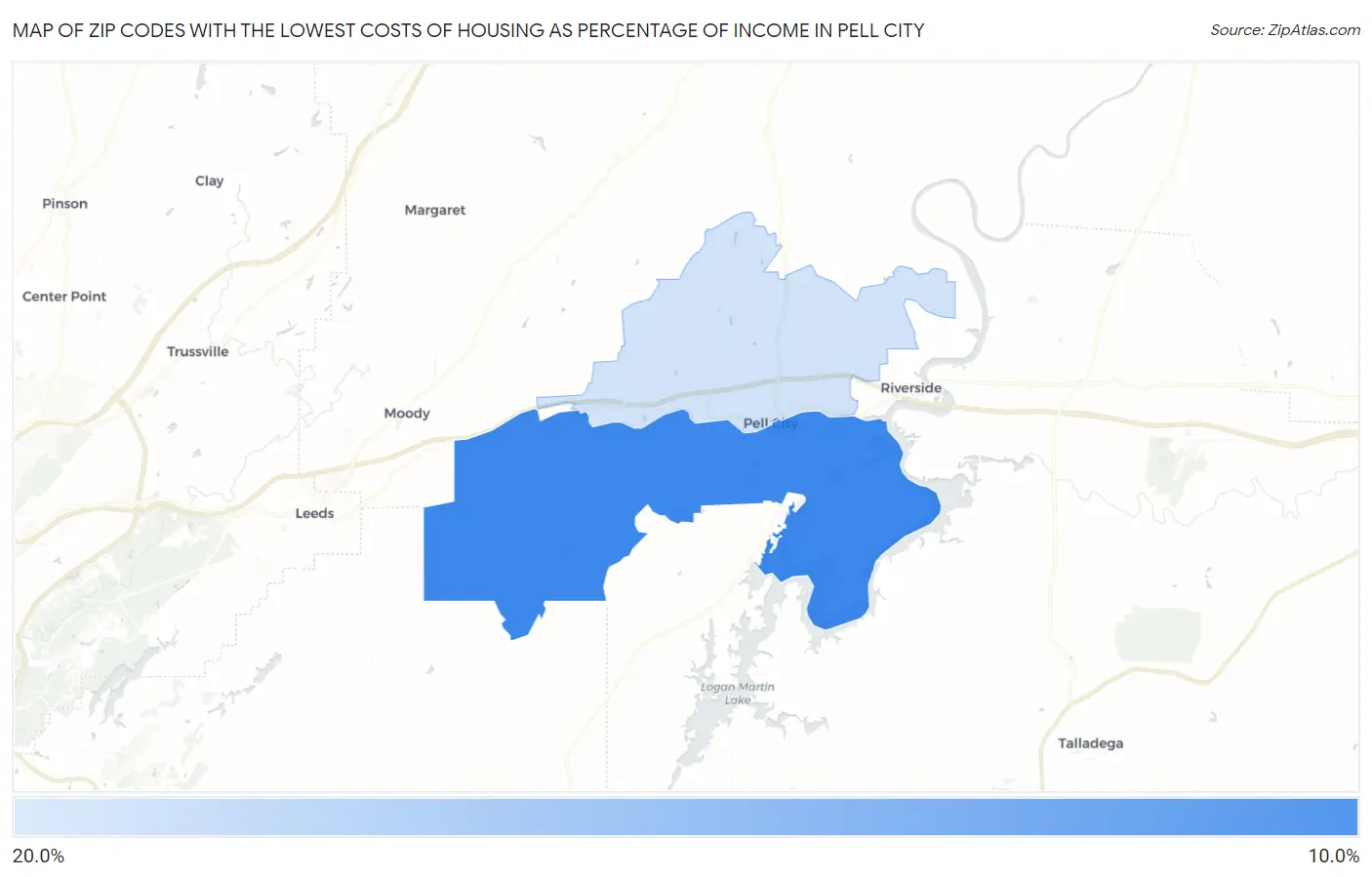 Zip Codes with the Lowest Costs of Housing as Percentage of Income in Pell City Map