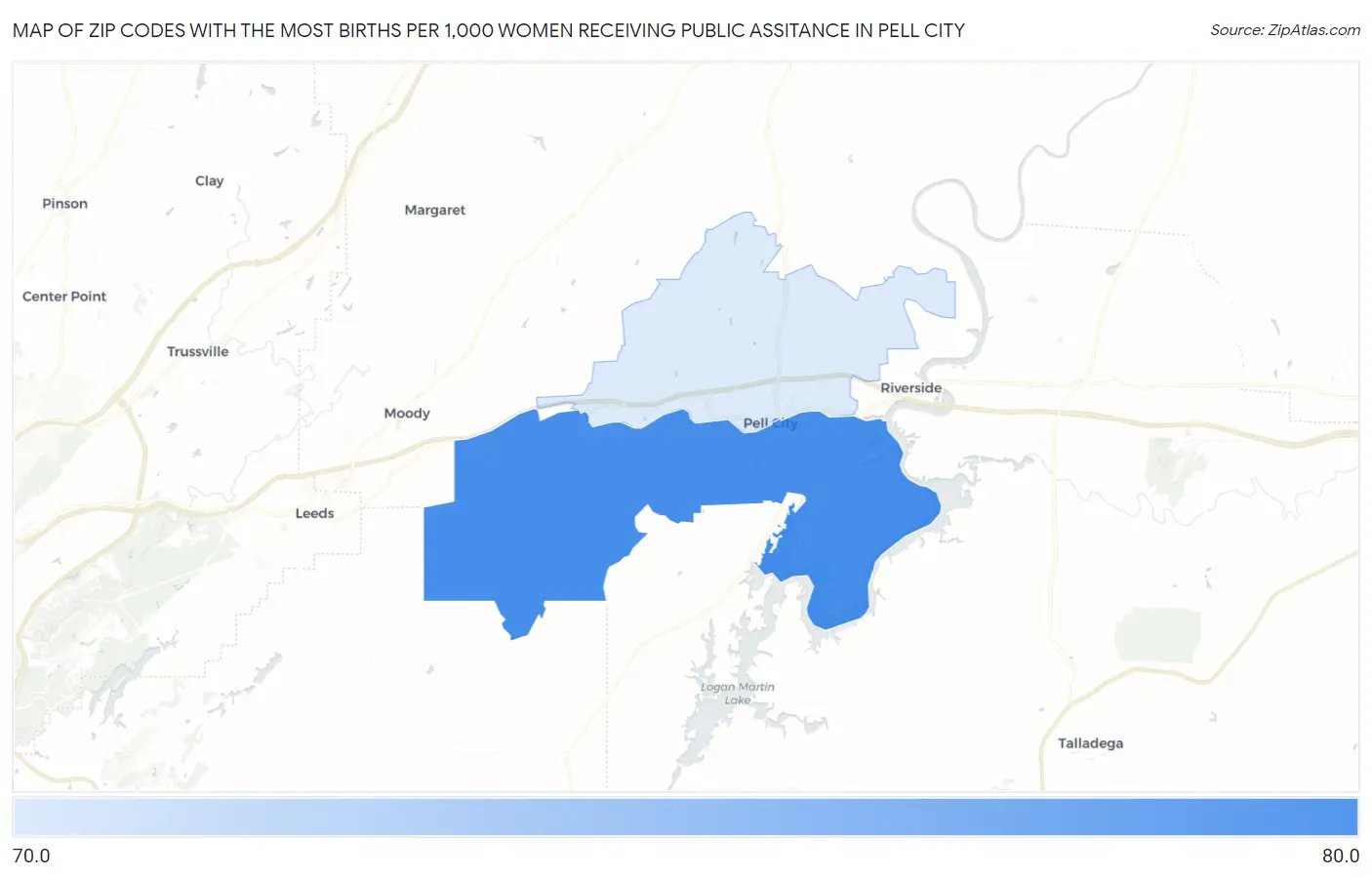 Zip Codes with the Most Births per 1,000 Women Receiving Public Assitance in Pell City Map