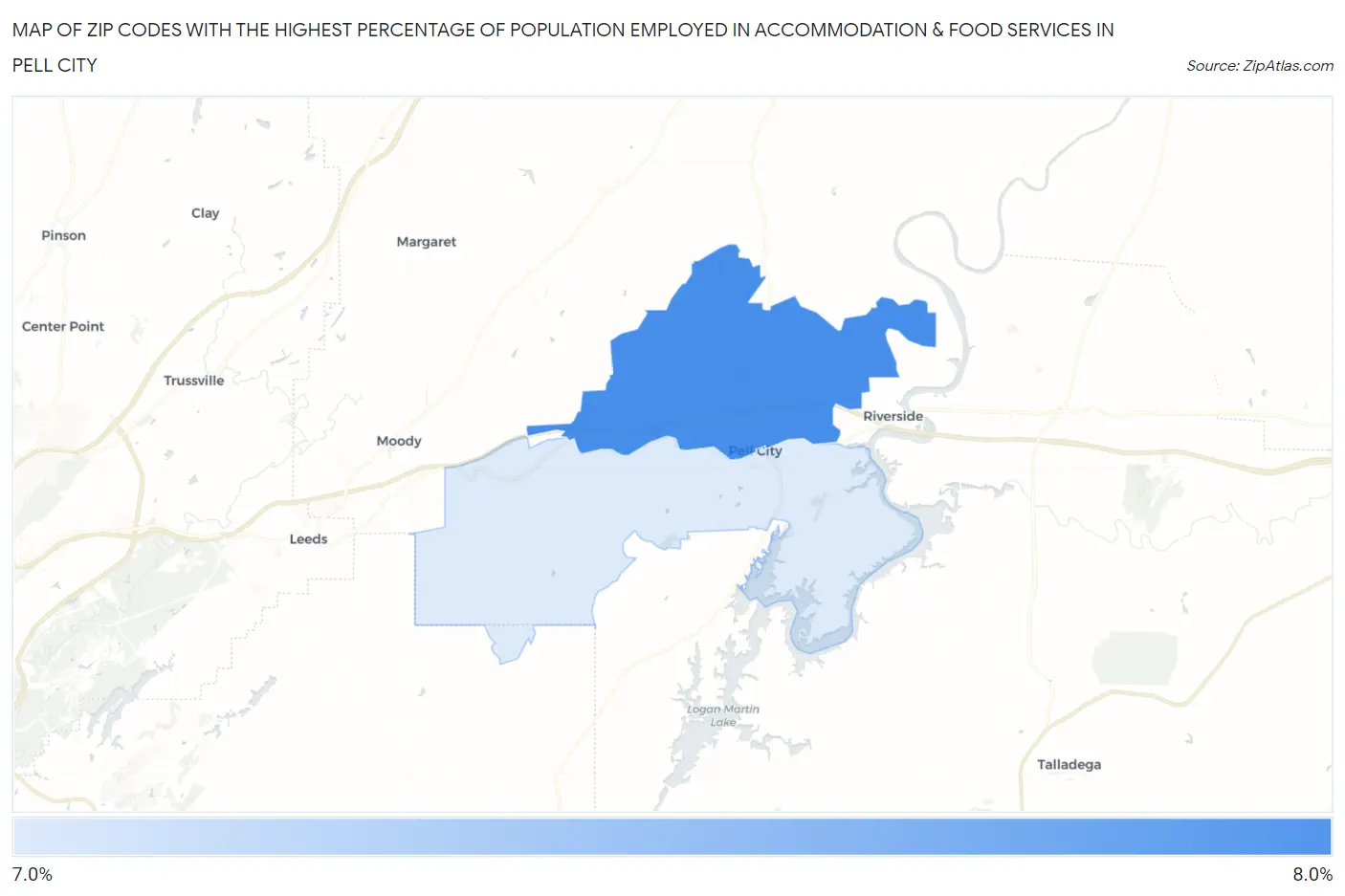 Zip Codes with the Highest Percentage of Population Employed in Accommodation & Food Services in Pell City Map