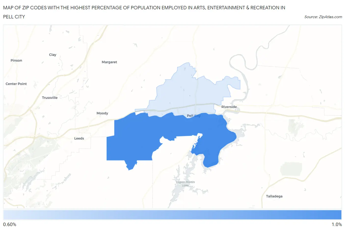 Zip Codes with the Highest Percentage of Population Employed in Arts, Entertainment & Recreation in Pell City Map