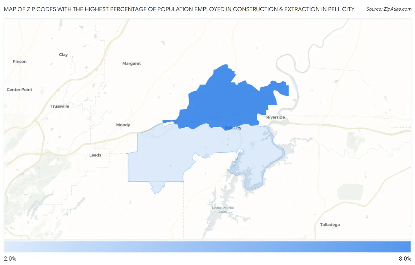 Zip Codes with the Highest Percentage of Population Employed in Construction & Extraction in Pell City Map