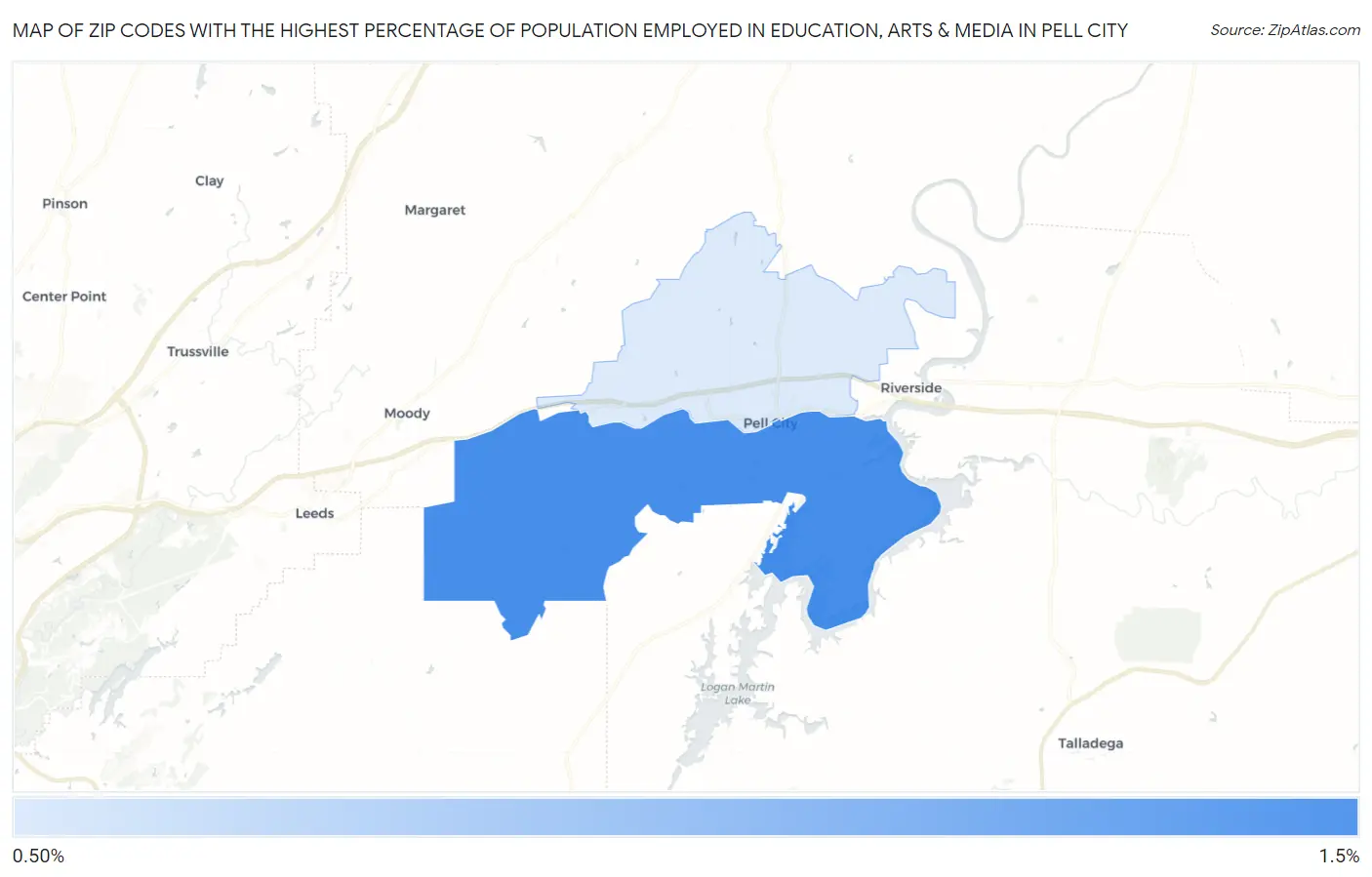 Zip Codes with the Highest Percentage of Population Employed in Education, Arts & Media in Pell City Map