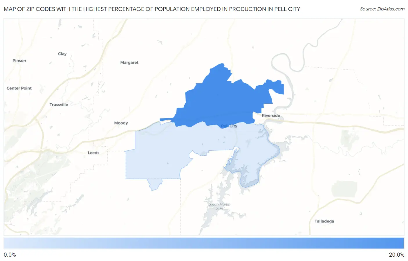 Zip Codes with the Highest Percentage of Population Employed in Production in Pell City Map