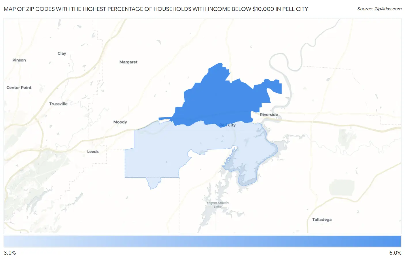 Zip Codes with the Highest Percentage of Households with Income Below $10,000 in Pell City Map