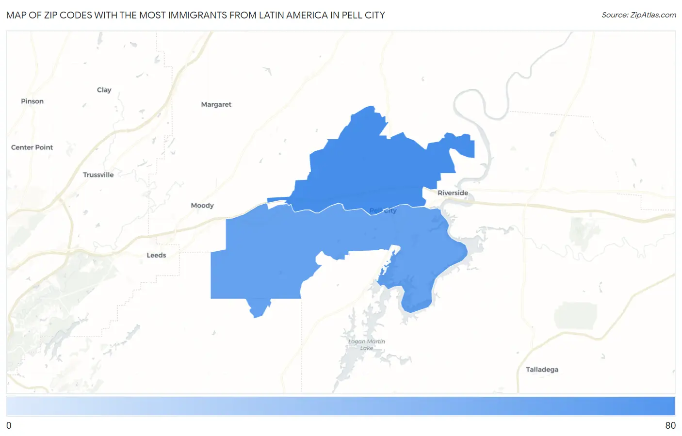 Zip Codes with the Most Immigrants from Latin America in Pell City Map