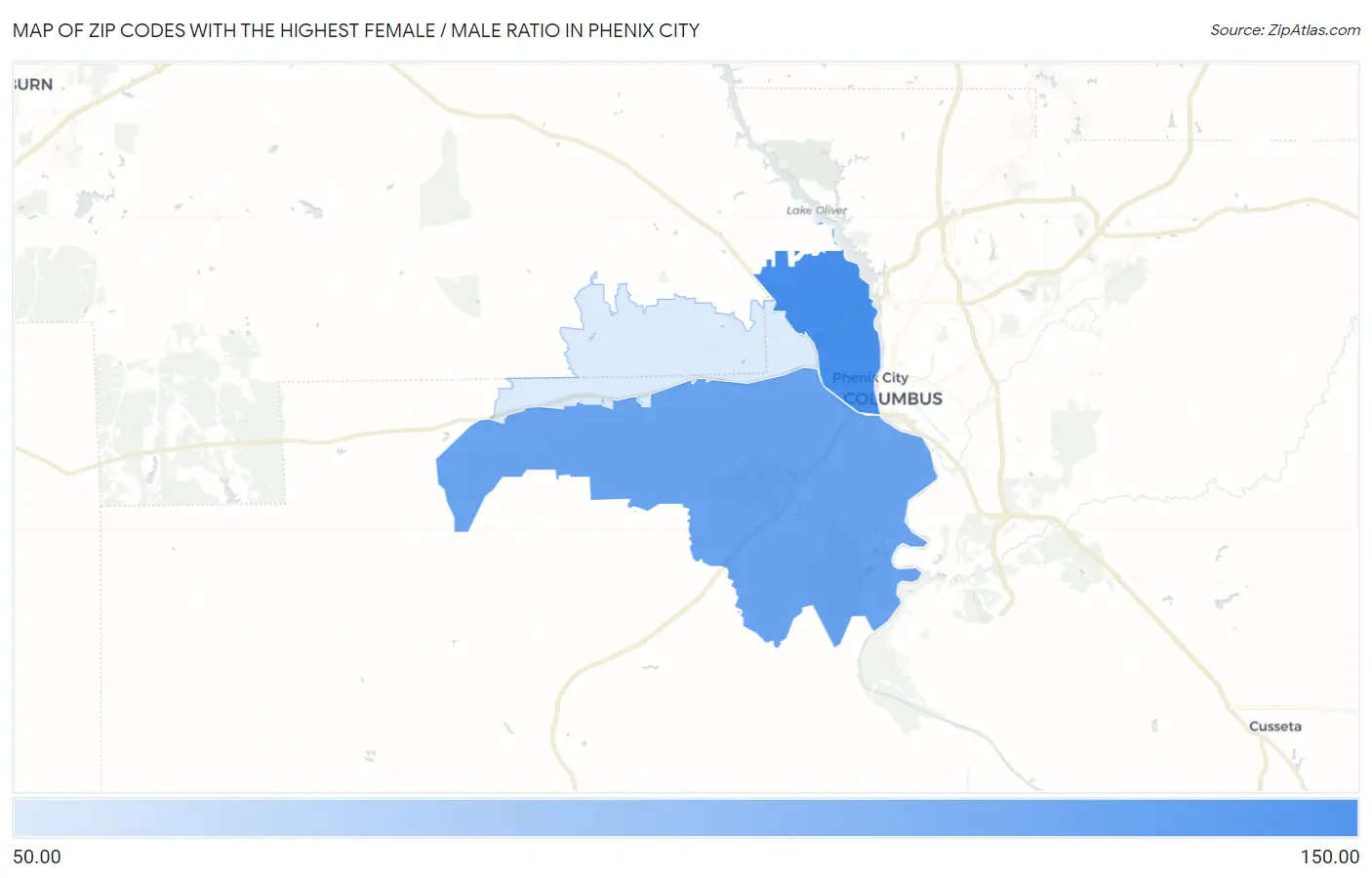 Zip Codes with the Highest Female / Male Ratio in Phenix City Map