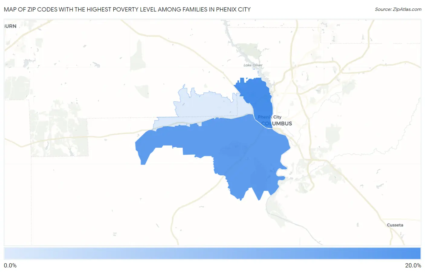 Zip Codes with the Highest Poverty Level Among Families in Phenix City Map