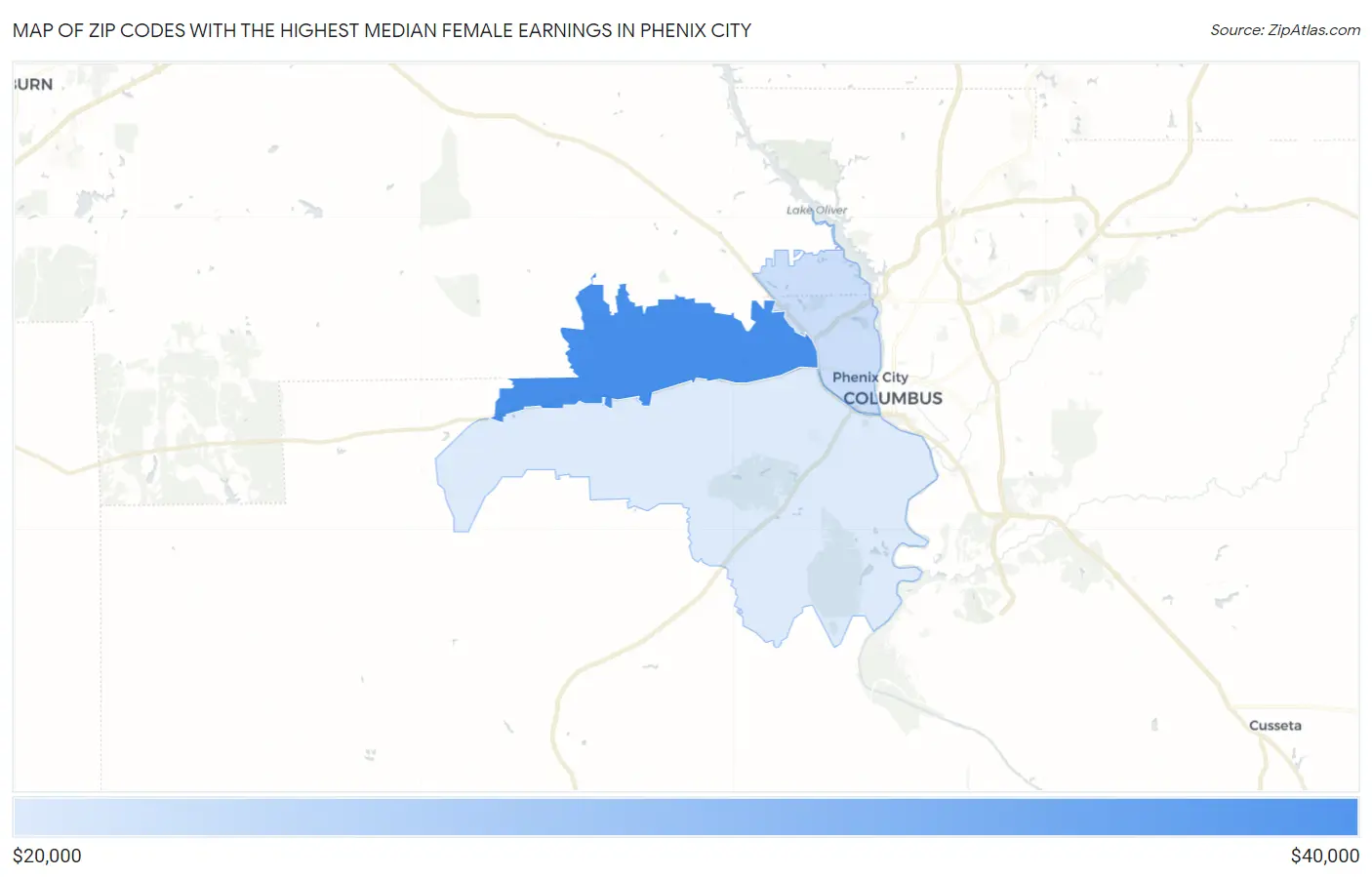 Zip Codes with the Highest Median Female Earnings in Phenix City Map