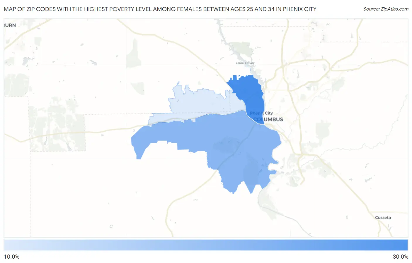 Zip Codes with the Highest Poverty Level Among Females Between Ages 25 and 34 in Phenix City Map