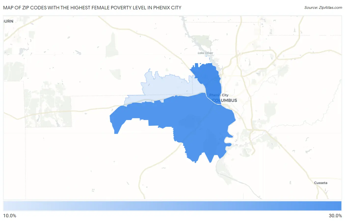 Zip Codes with the Highest Female Poverty Level in Phenix City Map