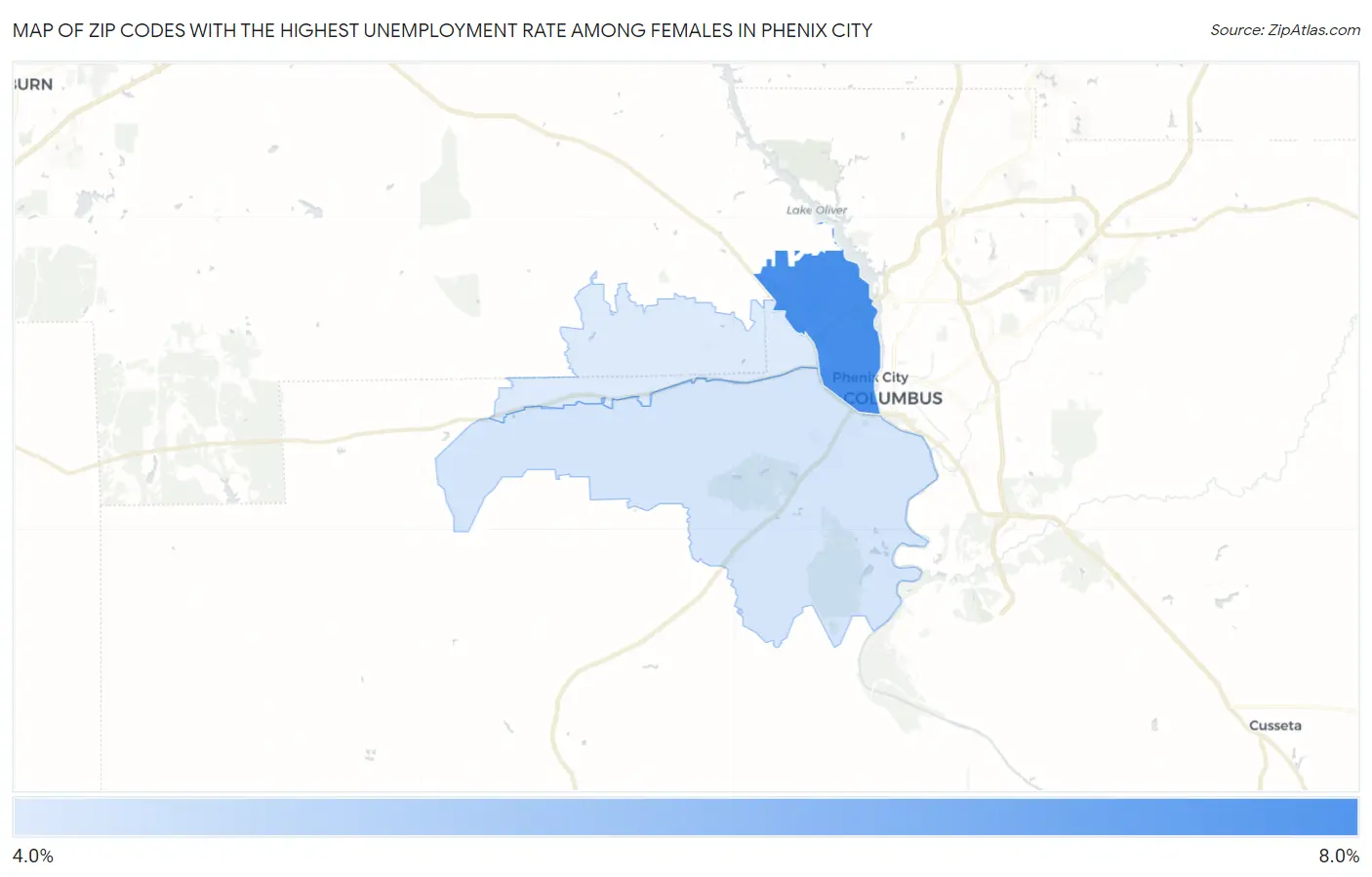 Zip Codes with the Highest Unemployment Rate Among Females in Phenix City Map