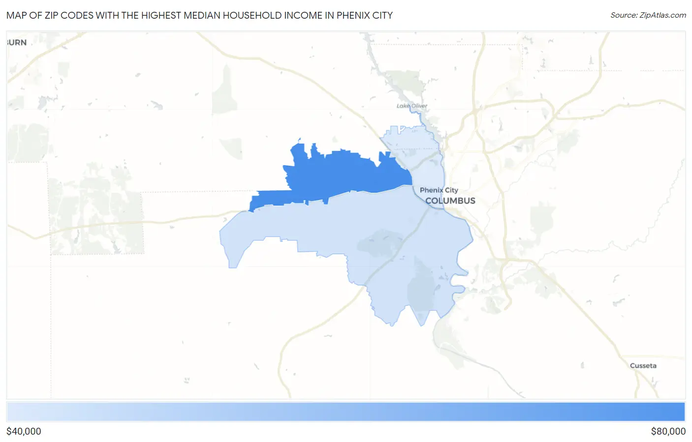 Zip Codes with the Highest Median Household Income in Phenix City Map