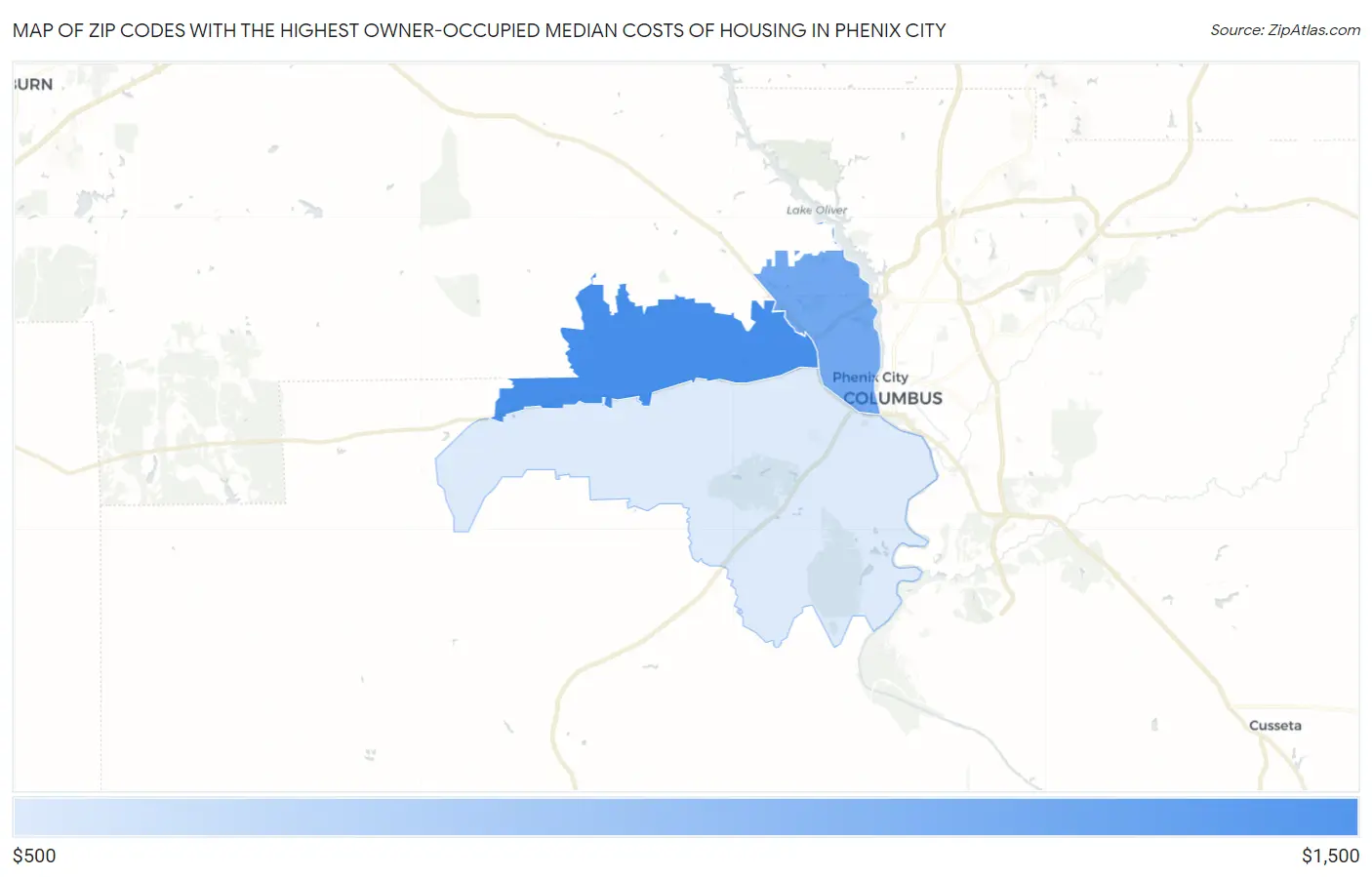 Zip Codes with the Highest Owner-Occupied Median Costs of Housing in Phenix City Map