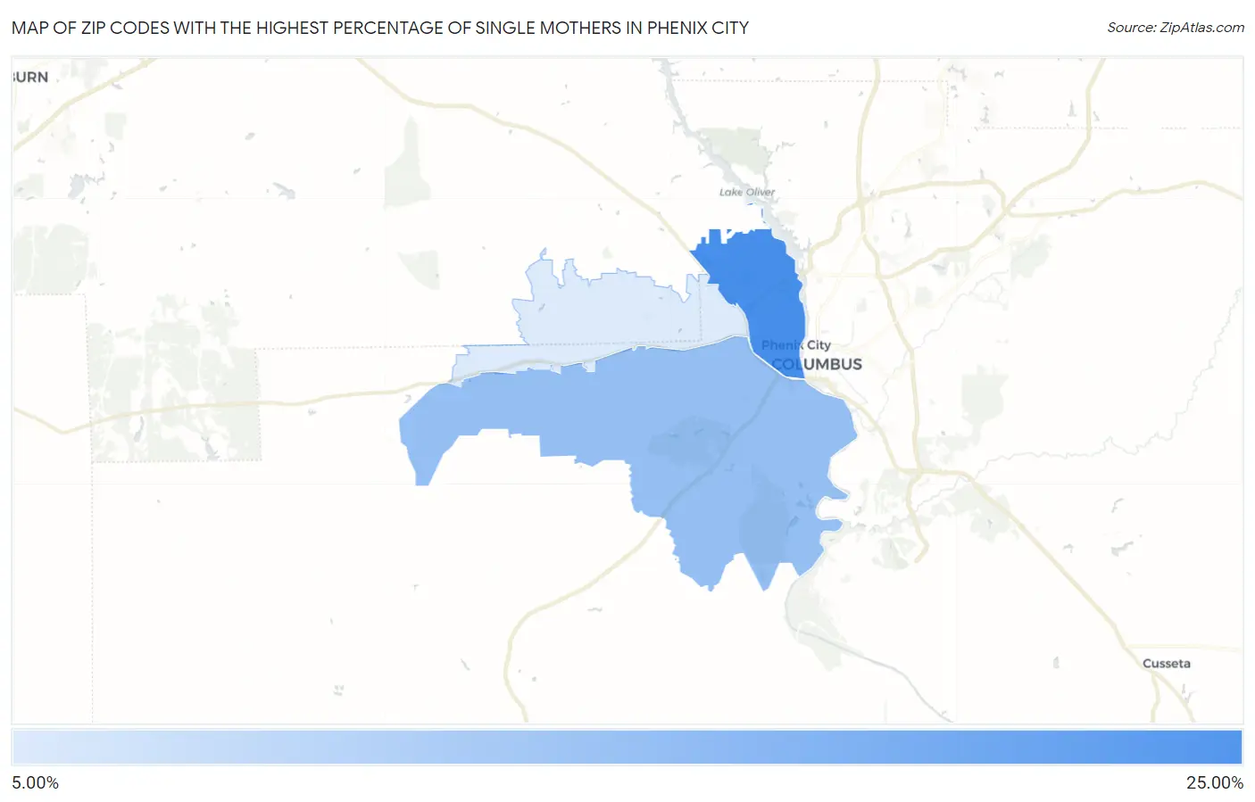 Zip Codes with the Highest Percentage of Single Mothers in Phenix City Map