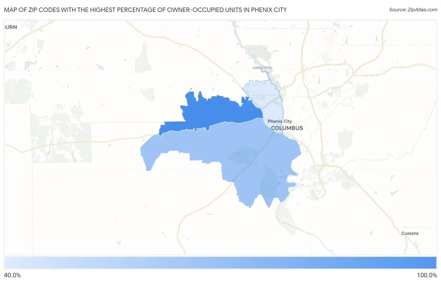Zip Codes with the Highest Percentage of Owner-Occupied Units in Phenix City Map