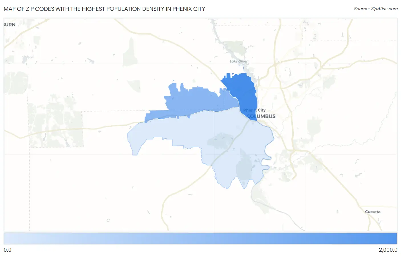 Zip Codes with the Highest Population Density in Phenix City Map