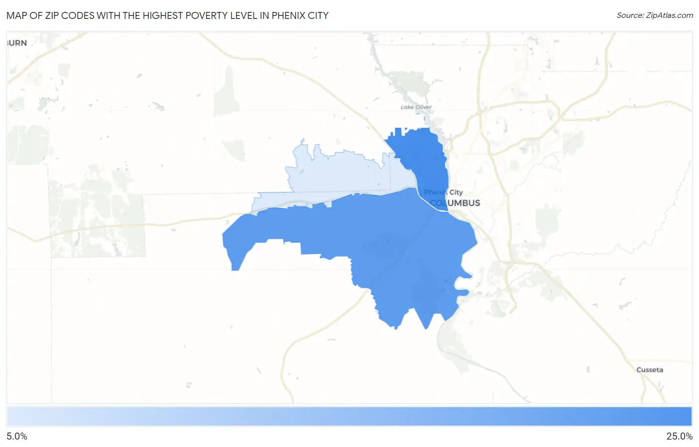 Zip Codes with the Highest Poverty Level in Phenix City Map