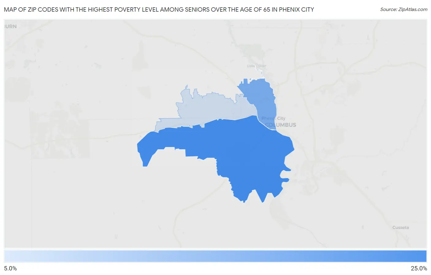 Zip Codes with the Highest Poverty Level Among Seniors Over the Age of 65 in Phenix City Map