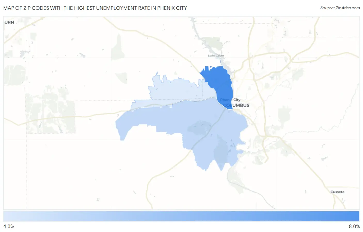 Zip Codes with the Highest Unemployment Rate in Phenix City Map