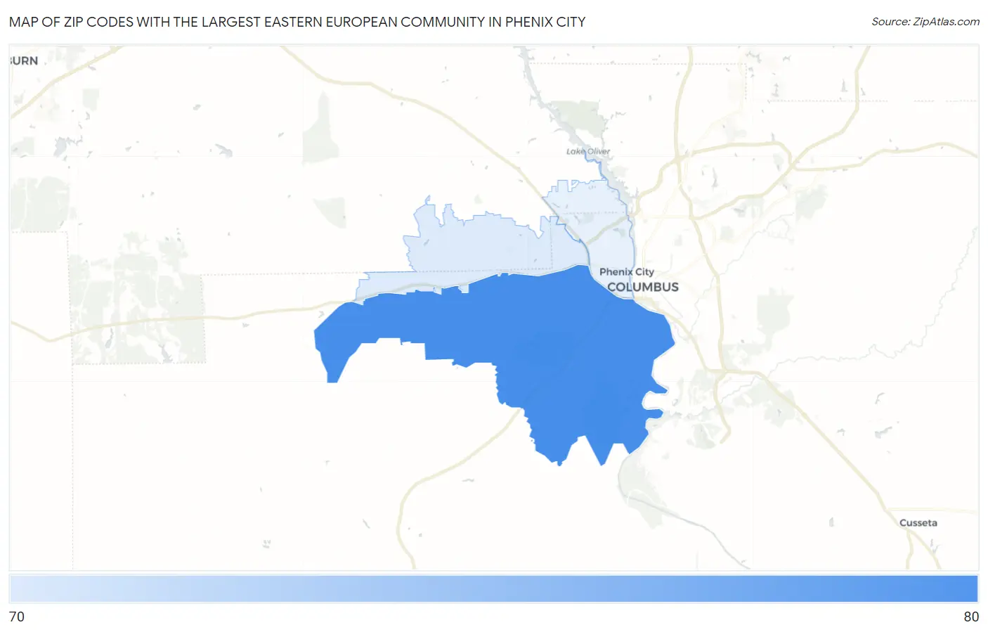 Zip Codes with the Largest Eastern European Community in Phenix City Map