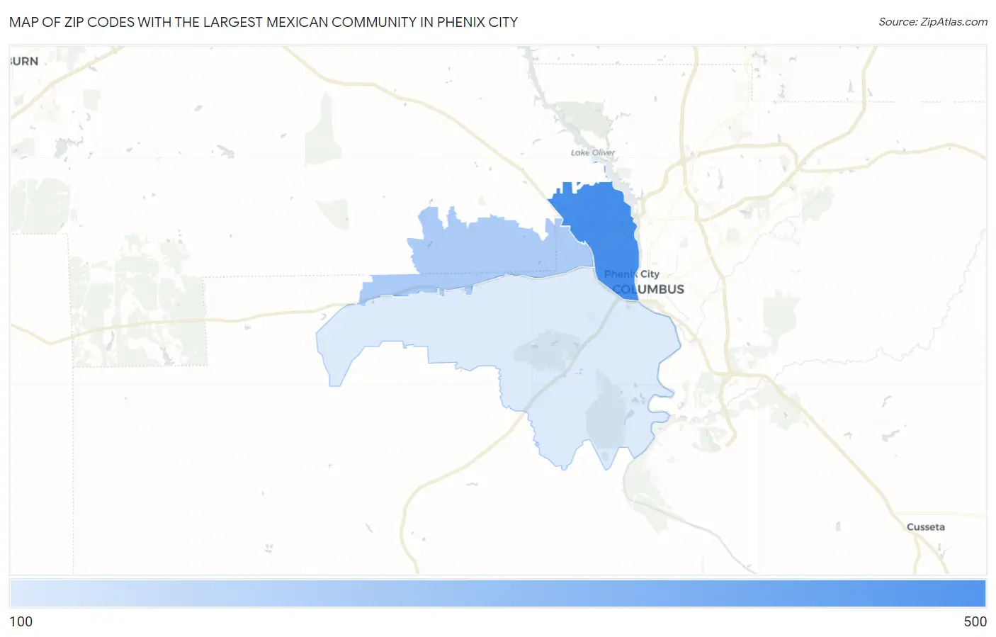 Zip Codes with the Largest Mexican Community in Phenix City Map