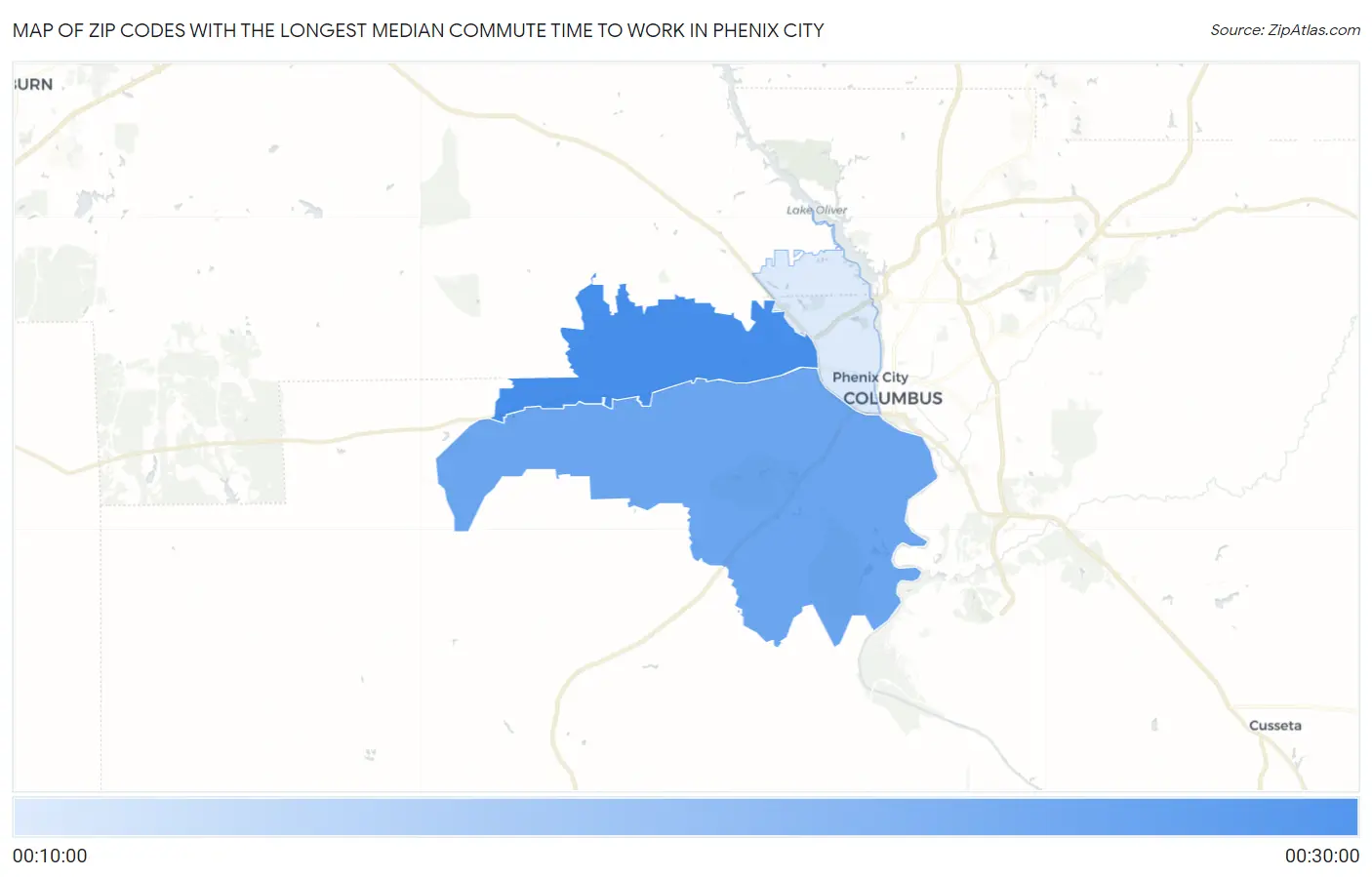 Zip Codes with the Longest Median Commute Time to Work in Phenix City Map