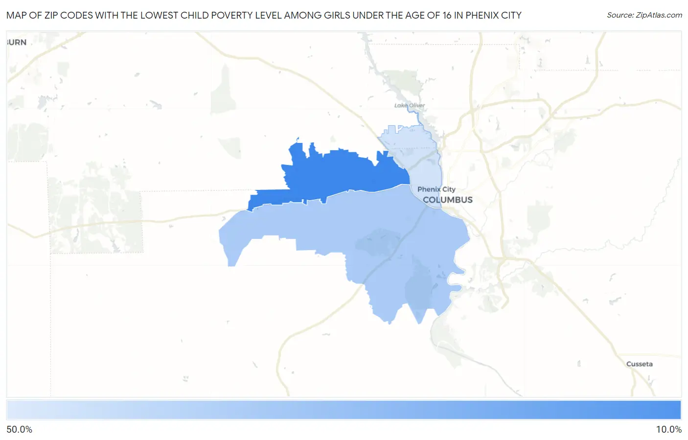 Zip Codes with the Lowest Child Poverty Level Among Girls Under the Age of 16 in Phenix City Map