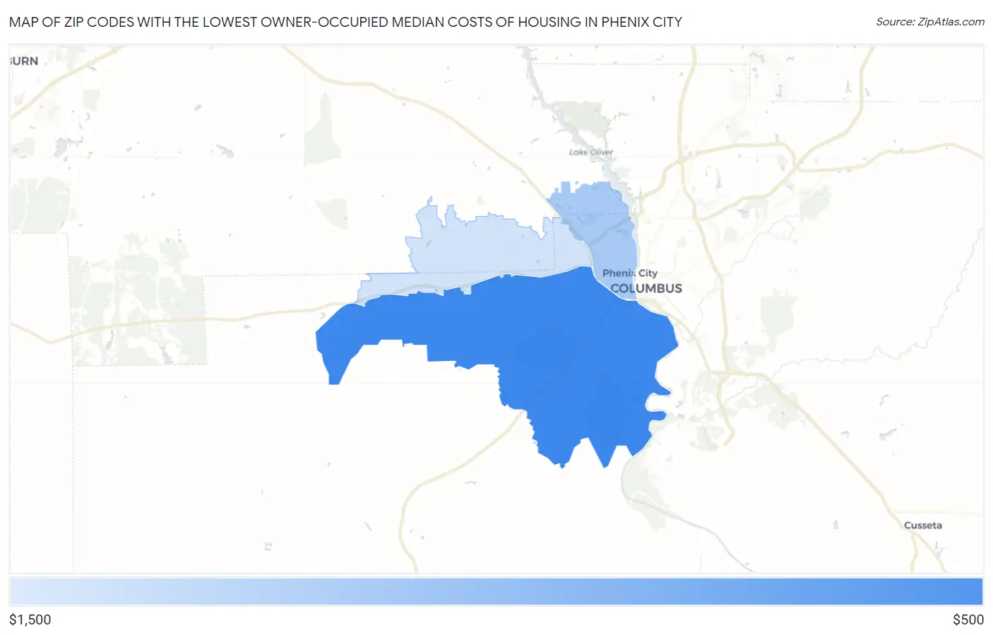 Zip Codes with the Lowest Owner-Occupied Median Costs of Housing in Phenix City Map