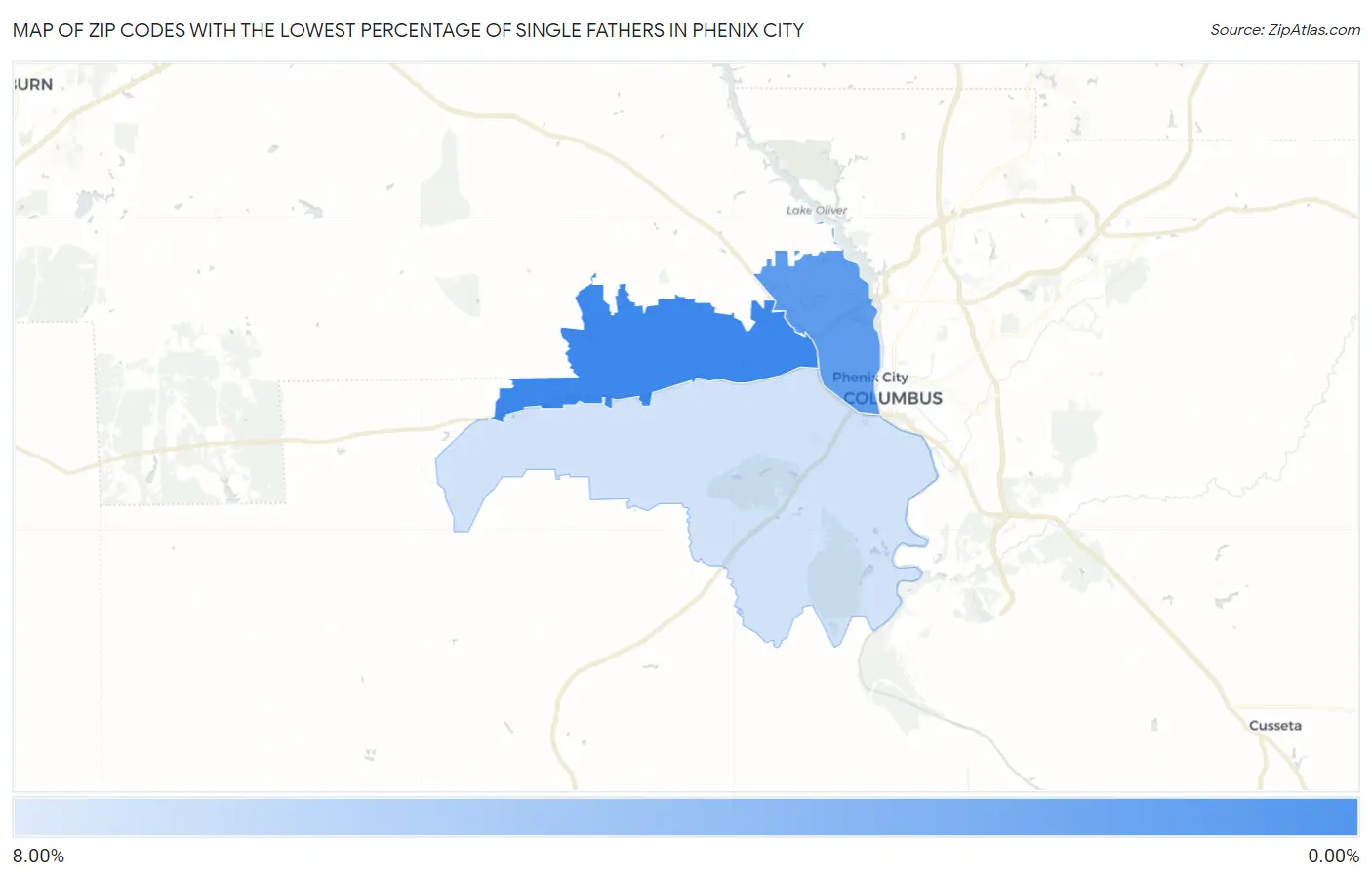 Zip Codes with the Lowest Percentage of Single Fathers in Phenix City Map