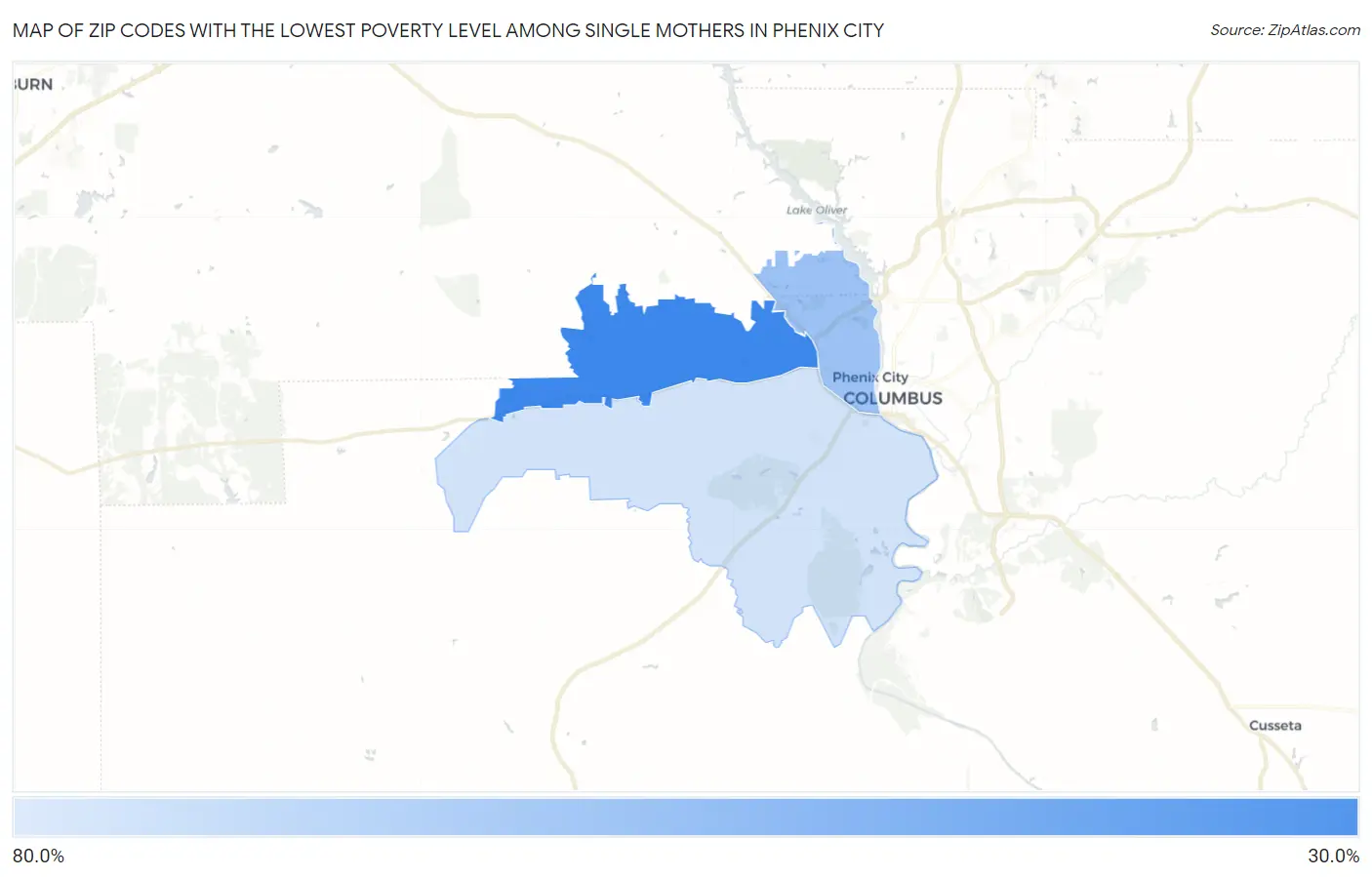Zip Codes with the Lowest Poverty Level Among Single Mothers in Phenix City Map