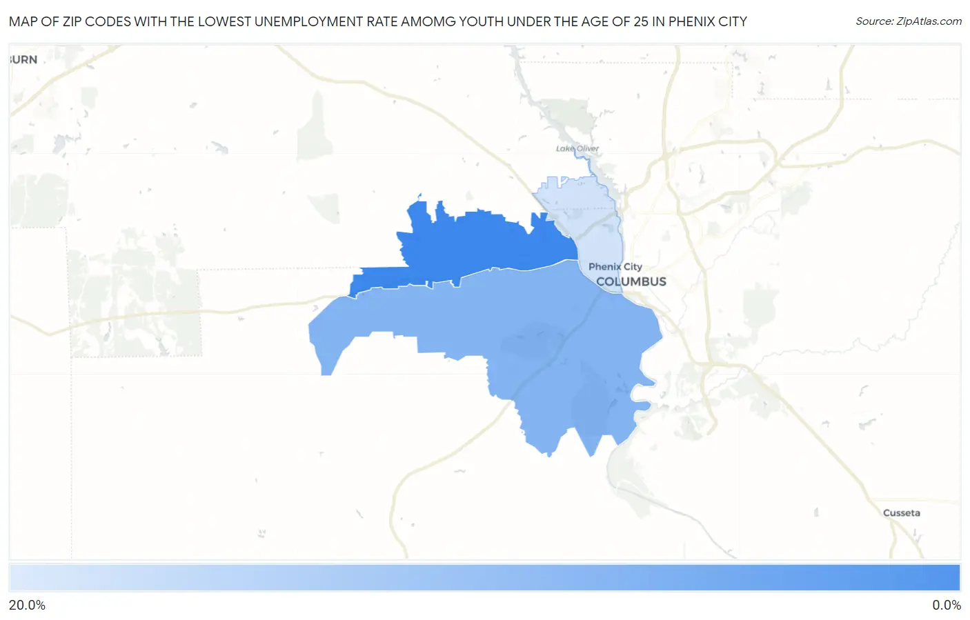 Zip Codes with the Lowest Unemployment Rate Amomg Youth Under the Age of 25 in Phenix City Map