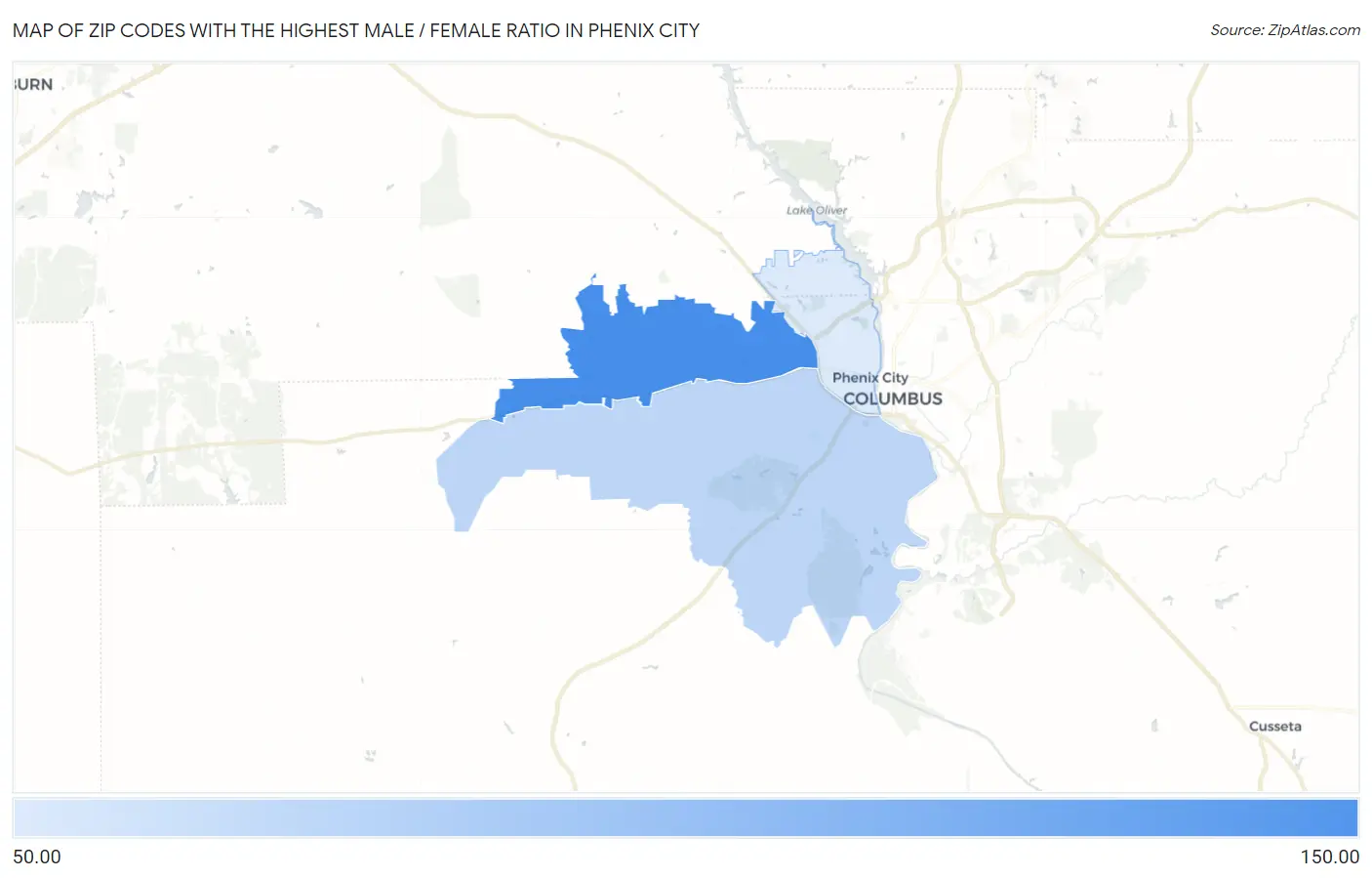 Zip Codes with the Highest Male / Female Ratio in Phenix City Map