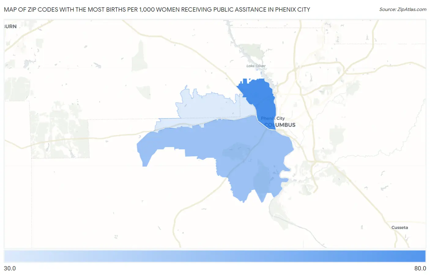 Zip Codes with the Most Births per 1,000 Women Receiving Public Assitance in Phenix City Map
