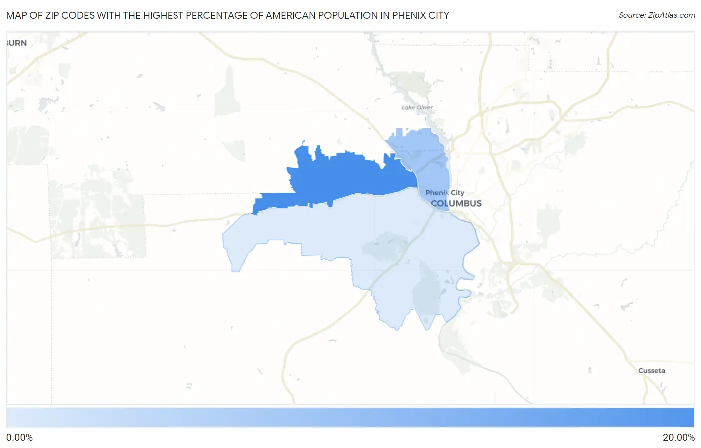 Zip Codes with the Highest Percentage of American Population in Phenix City Map