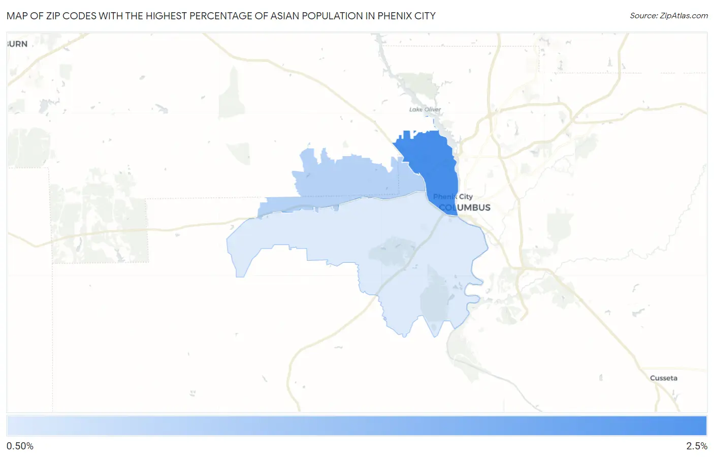 Zip Codes with the Highest Percentage of Asian Population in Phenix City Map