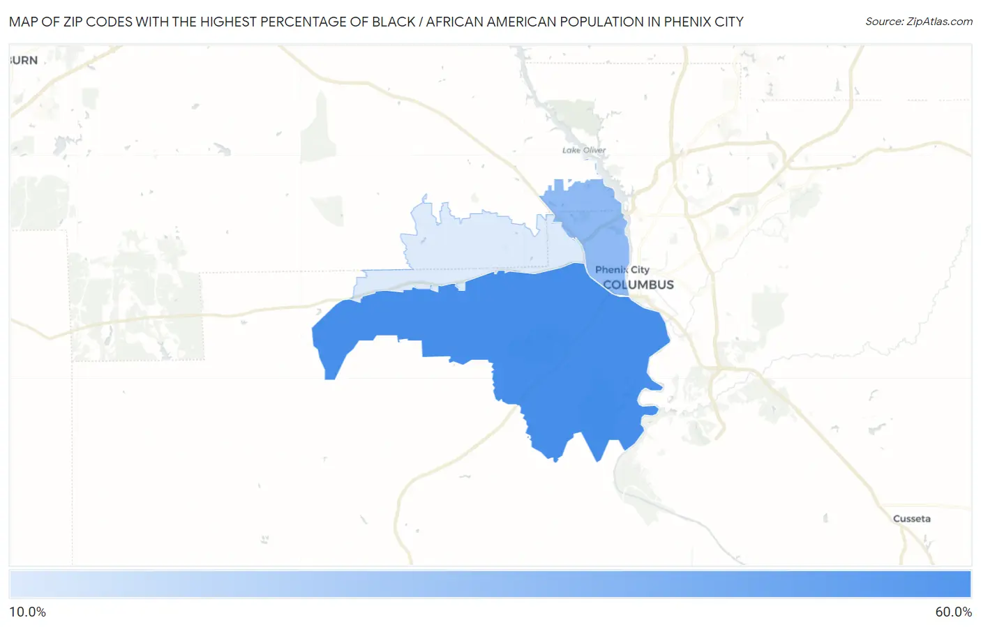 Zip Codes with the Highest Percentage of Black / African American Population in Phenix City Map