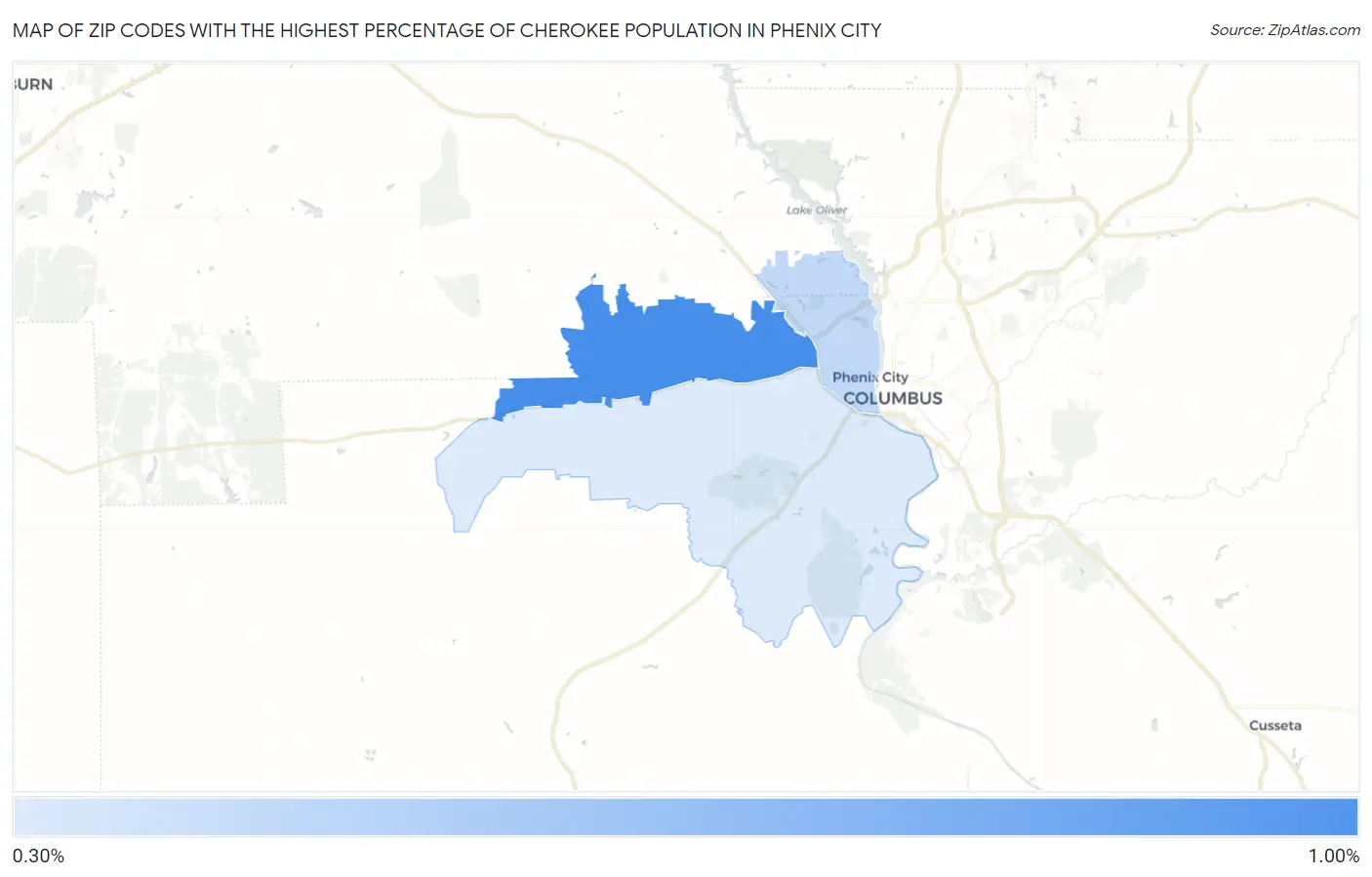 Zip Codes with the Highest Percentage of Cherokee Population in Phenix City Map