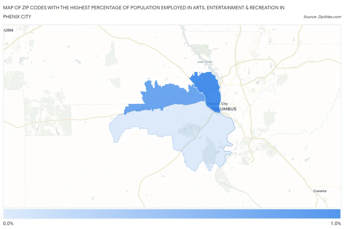Zip Codes with the Highest Percentage of Population Employed in Arts, Entertainment & Recreation in Phenix City Map