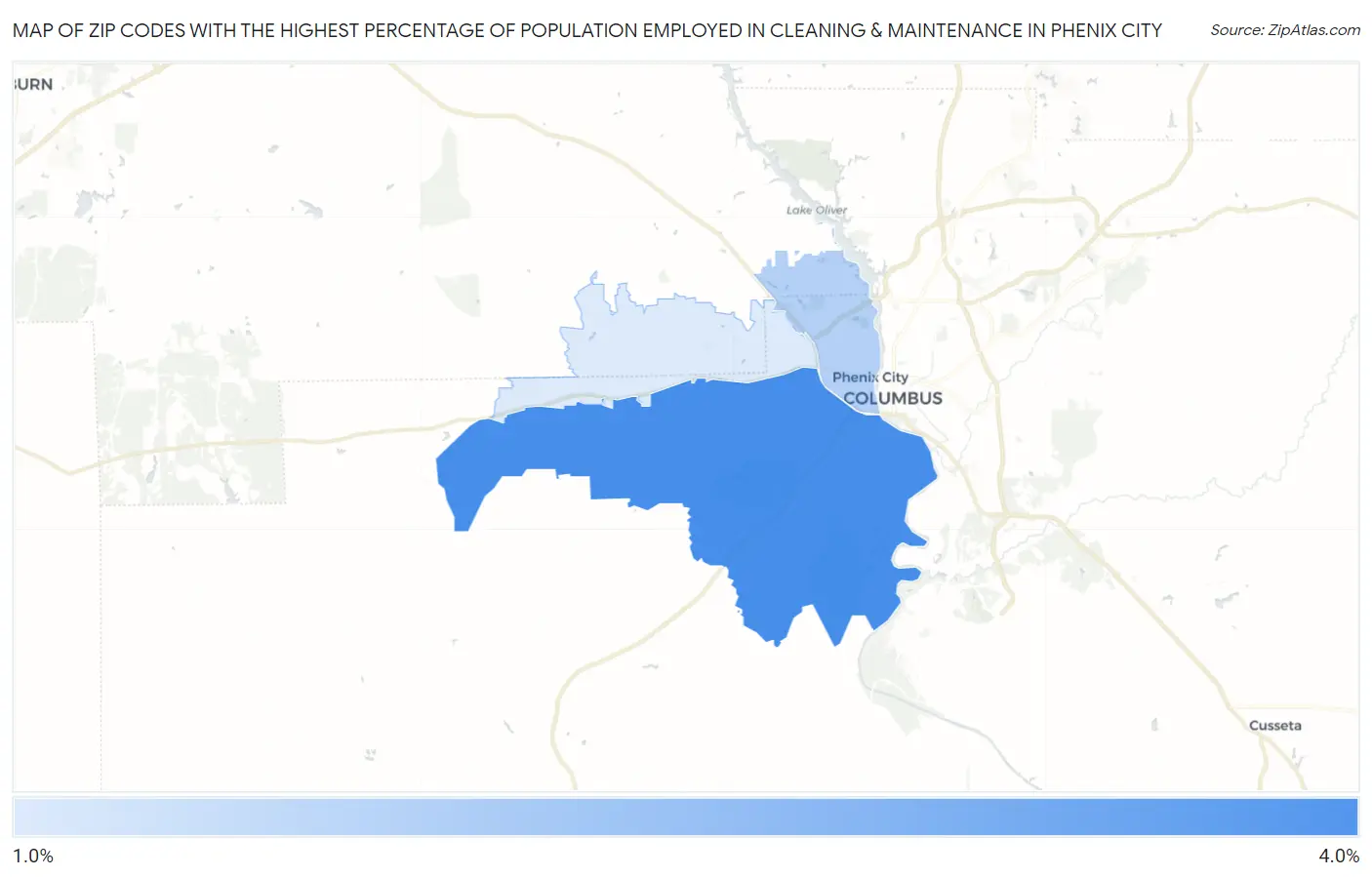 Zip Codes with the Highest Percentage of Population Employed in Cleaning & Maintenance in Phenix City Map