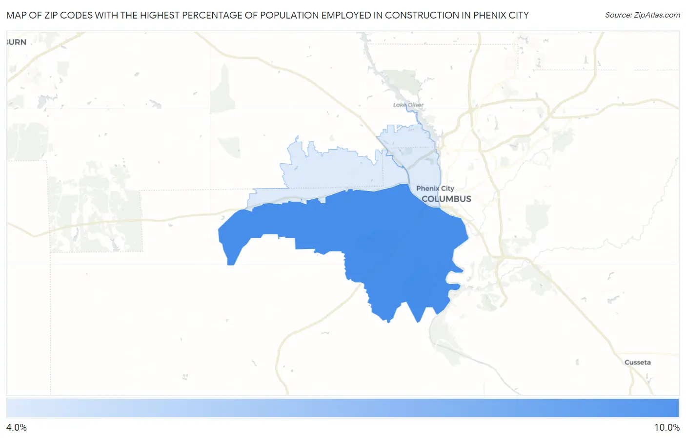 Zip Codes with the Highest Percentage of Population Employed in Construction in Phenix City Map