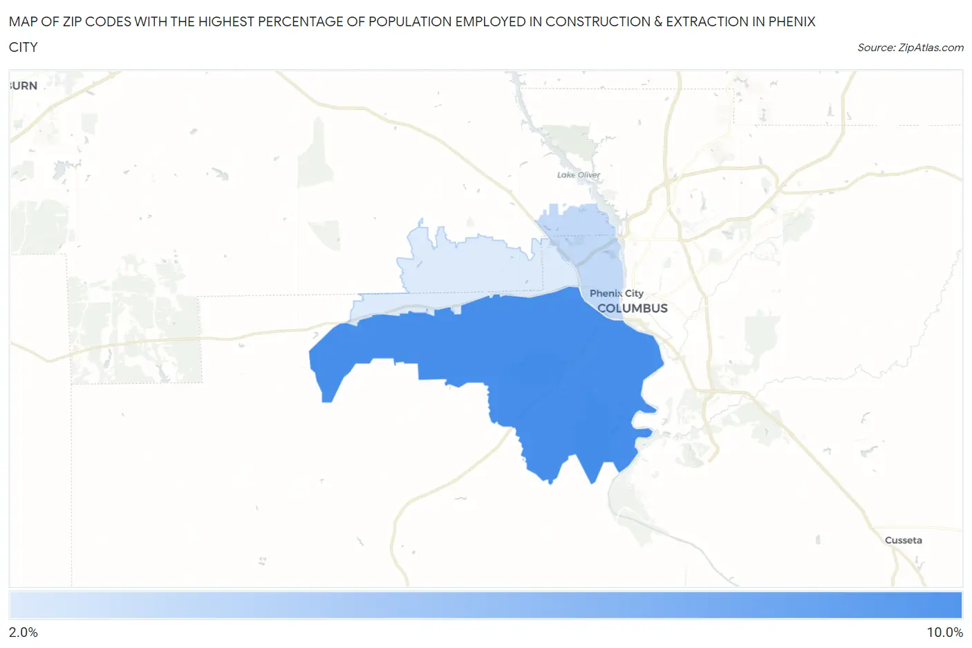 Zip Codes with the Highest Percentage of Population Employed in Construction & Extraction in Phenix City Map